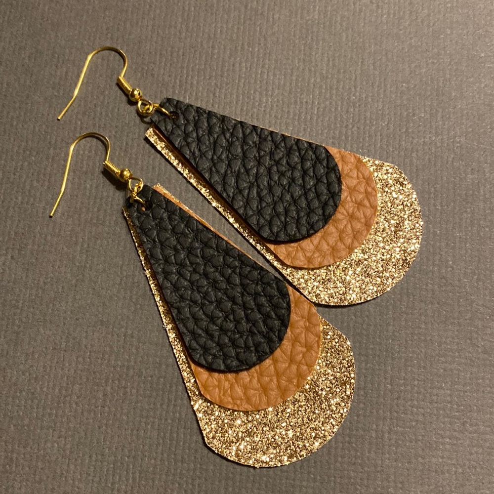 Gold, camel and black faux leather earrings